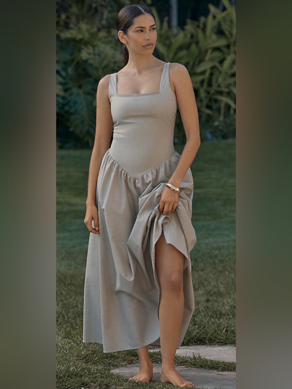 Peixoto Harlow Dress Large Sand Burlap Drop Waist Tie Strap Midi Anthropologie